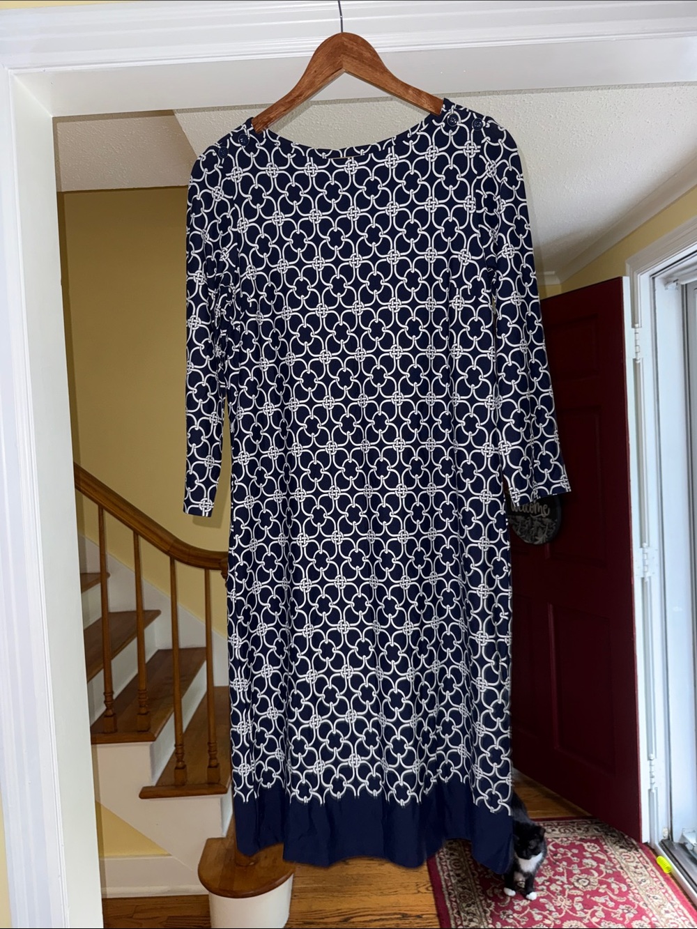 Talbots Navy and White Geometric Long Sleeve Dress